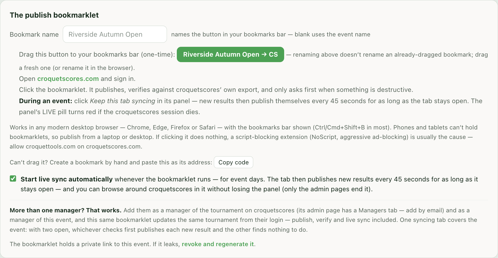 The publish bookmarklet — drag the green button to your bookmarks bar.