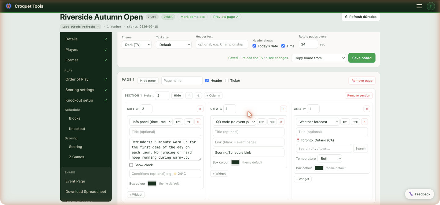 The builder — pages, sections, columns and widgets, sized by weights.