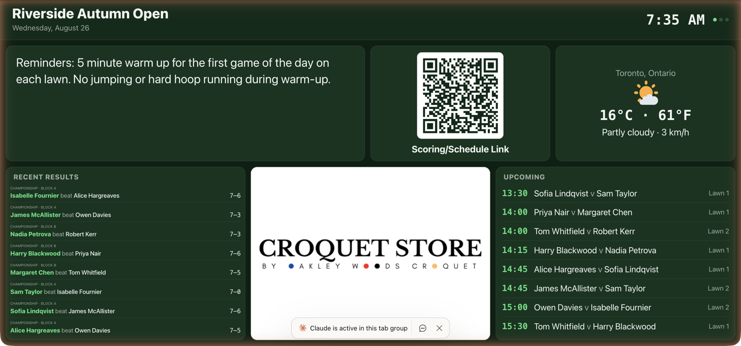 A live board — results, upcoming games, QR code, weather, sponsor.