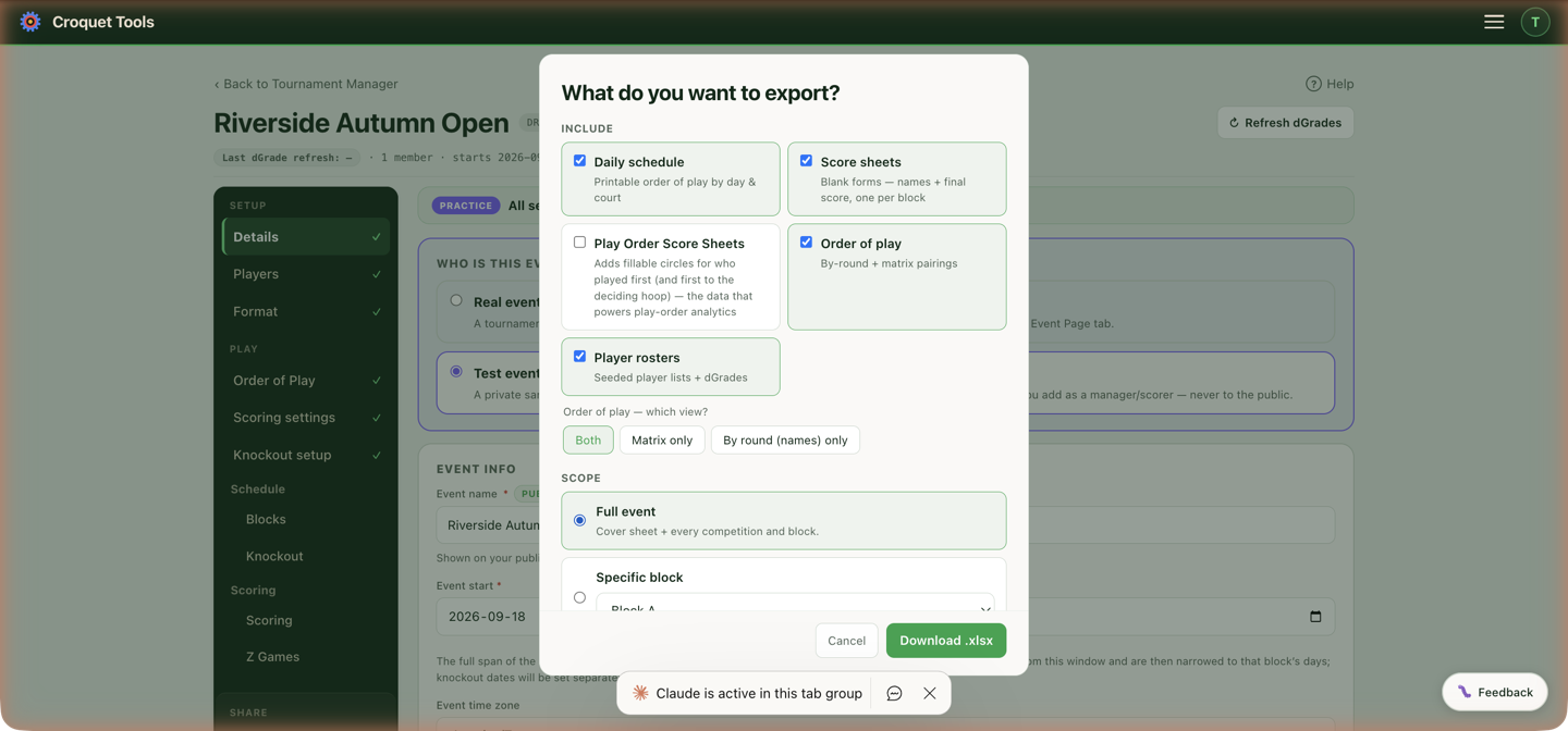The export chooser — tick the contents, pick the scope, one .xlsx.