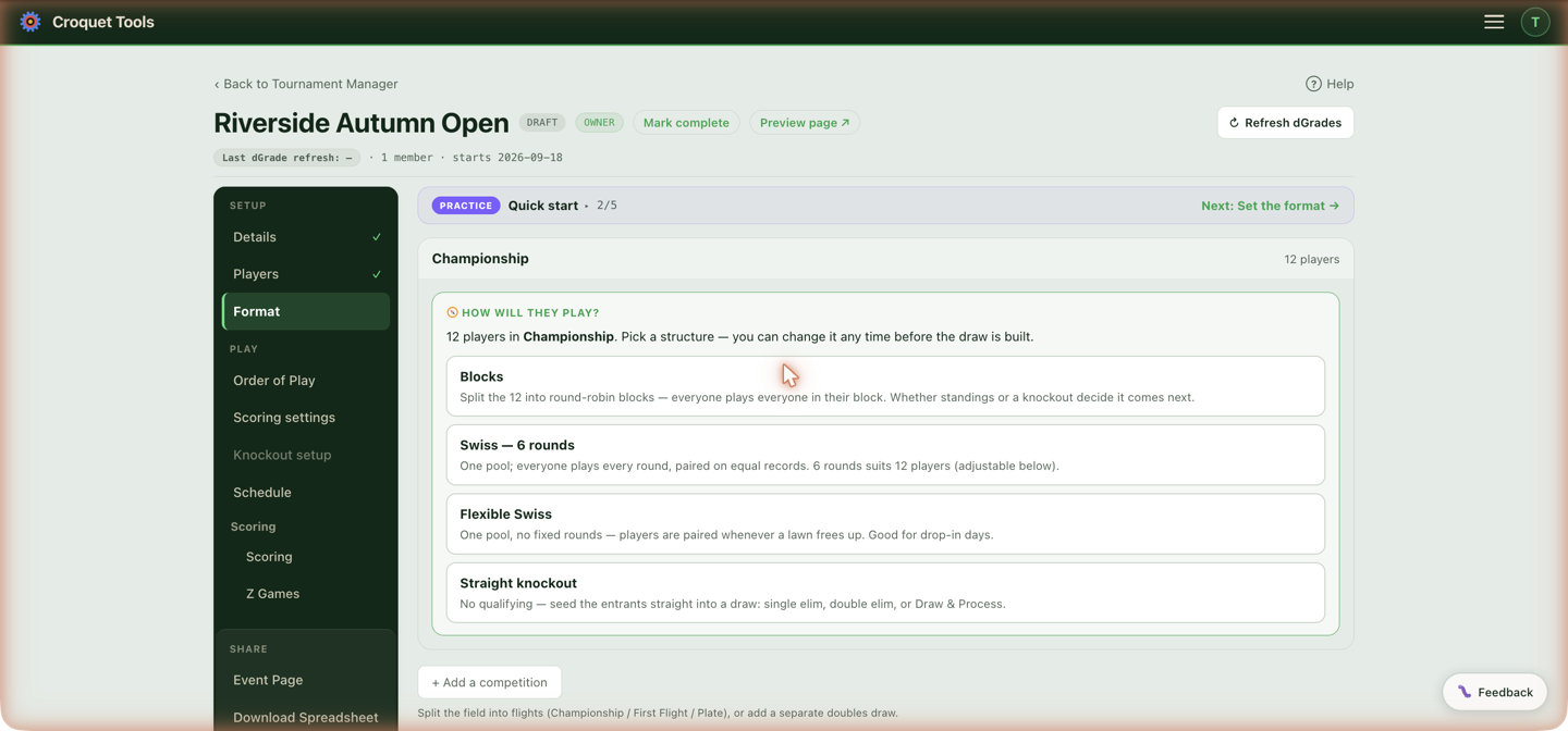 The format chooser — one structure per competition, changeable until the draw is built.