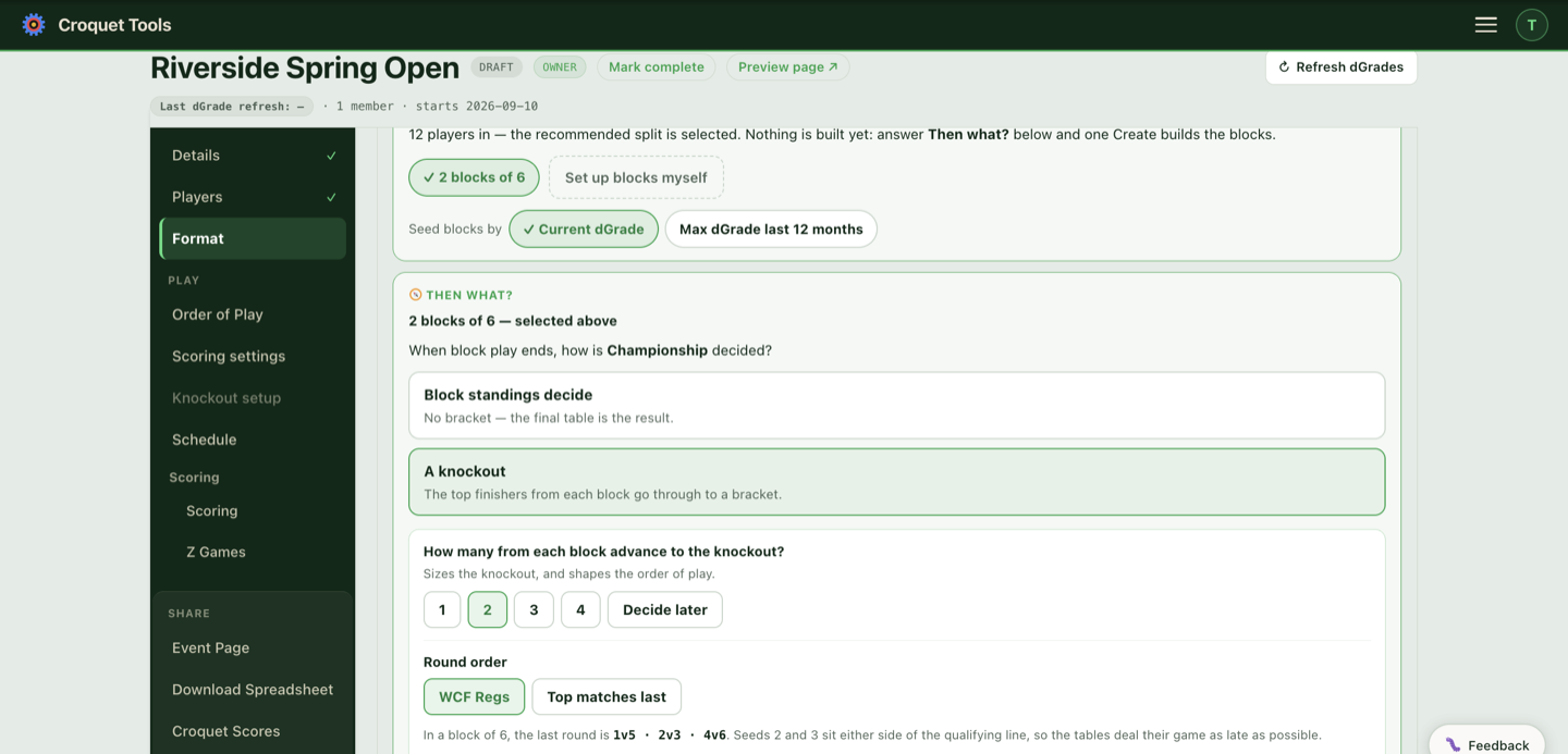 The Then what? card: block standings or a knockout, how many advance, and the round order.
