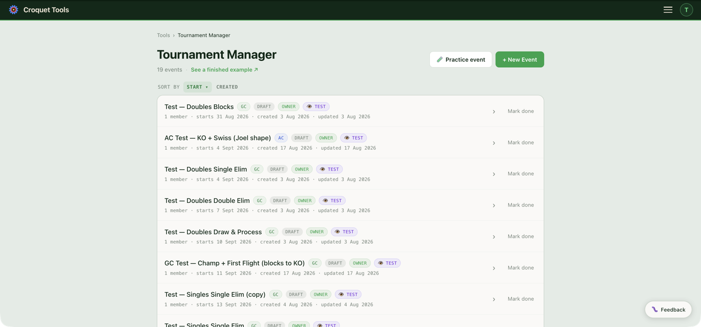 The event list — every event you own or belong to, with practice and test events badged.