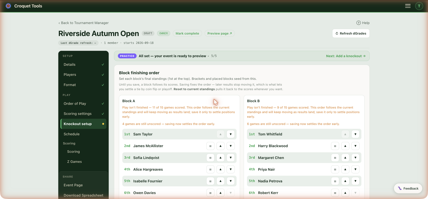 Block finishing order mid-event — the order follows the scores until you save it.