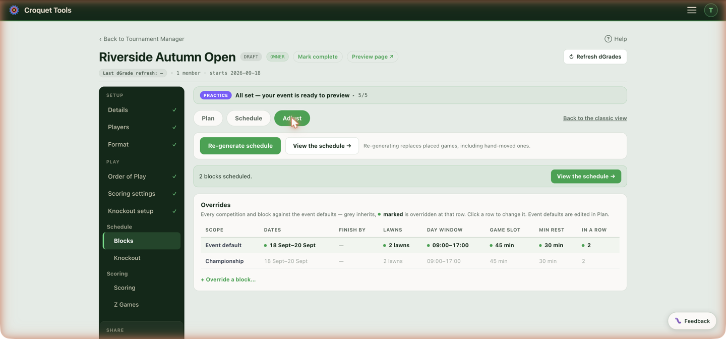 Adjust — the event default row, and competitions inheriting from it.