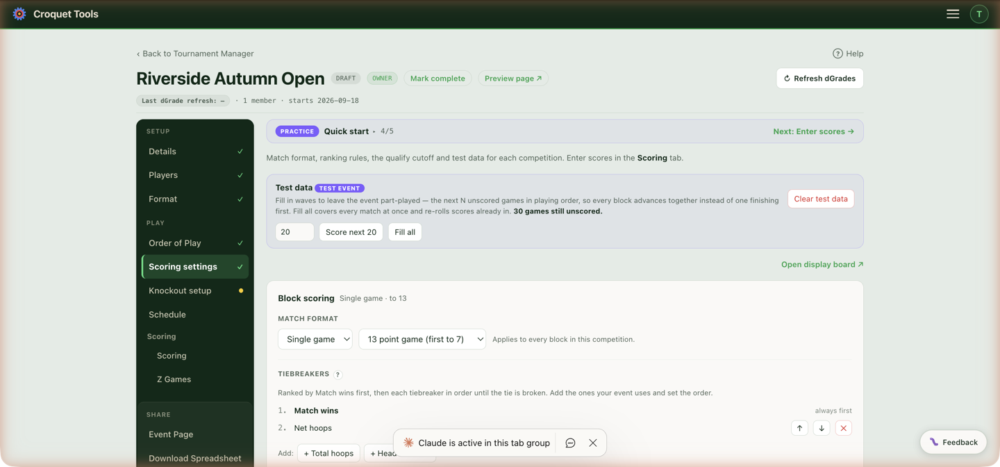 Scoring settings — match format, the tiebreaker chain, and (on test events) the test-data card.