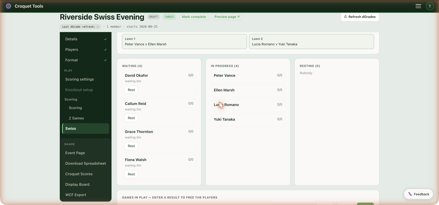 The live board — a game on each lawn, four players waiting with timers, and results entered below.
